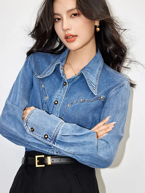 Retro Hong Kong Style Denim Shirt Women\'s Design Loose Fit Niche Long Sleeved Shirt Outerwear 2024 Spring and Autumn New Item