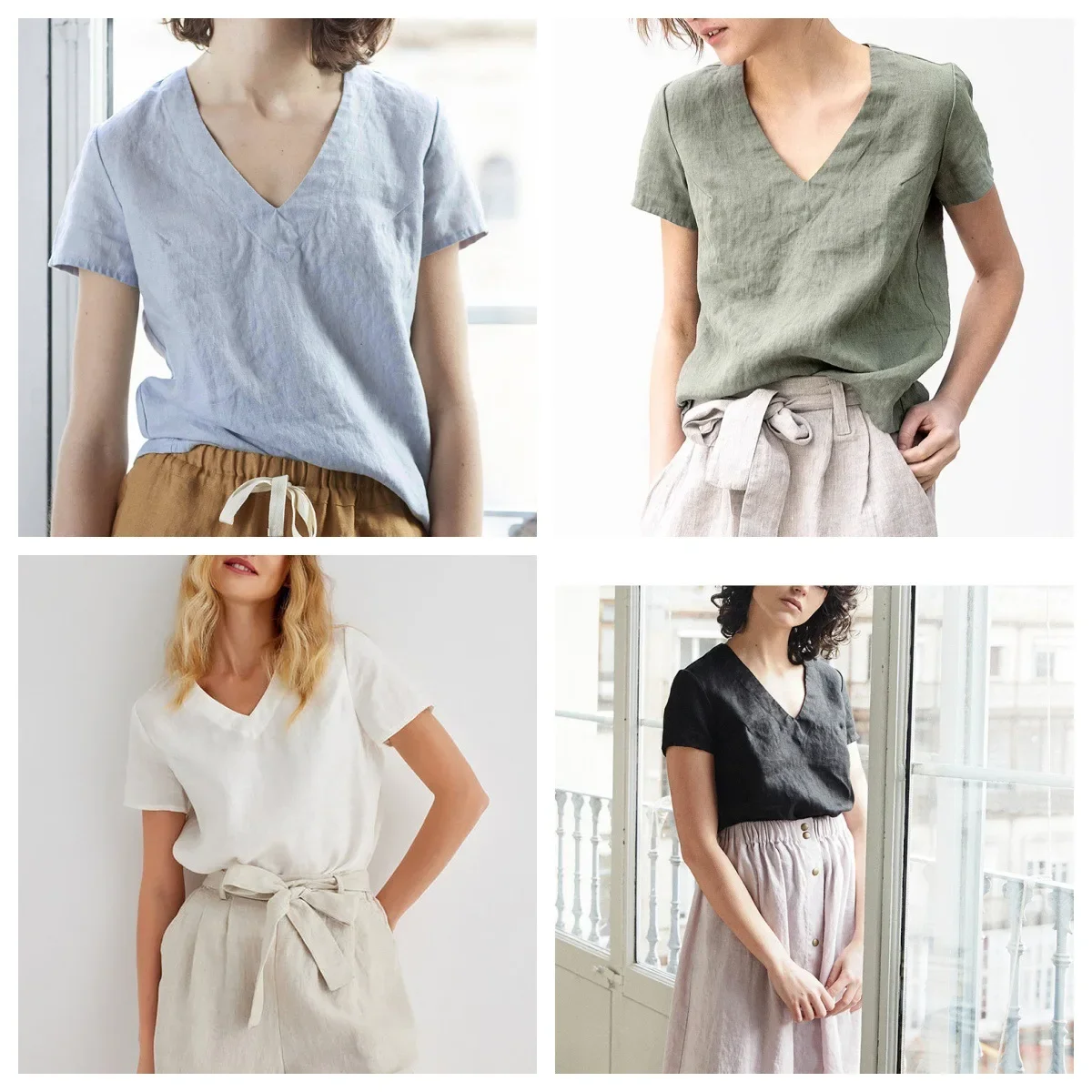 Cross border Simple Solid Color V-neck Versatile Cotton and Hemp Casual Women's Top T-shirt 2026 Spring/Summer