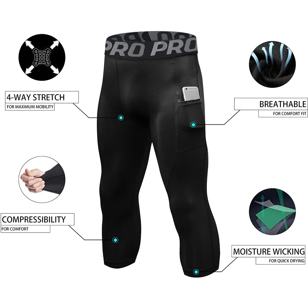 3/4 Compression Pants Men Quick Drying Gym Workout Leggings Basketball Running Athletic Sports Training Base Layer Bottoms