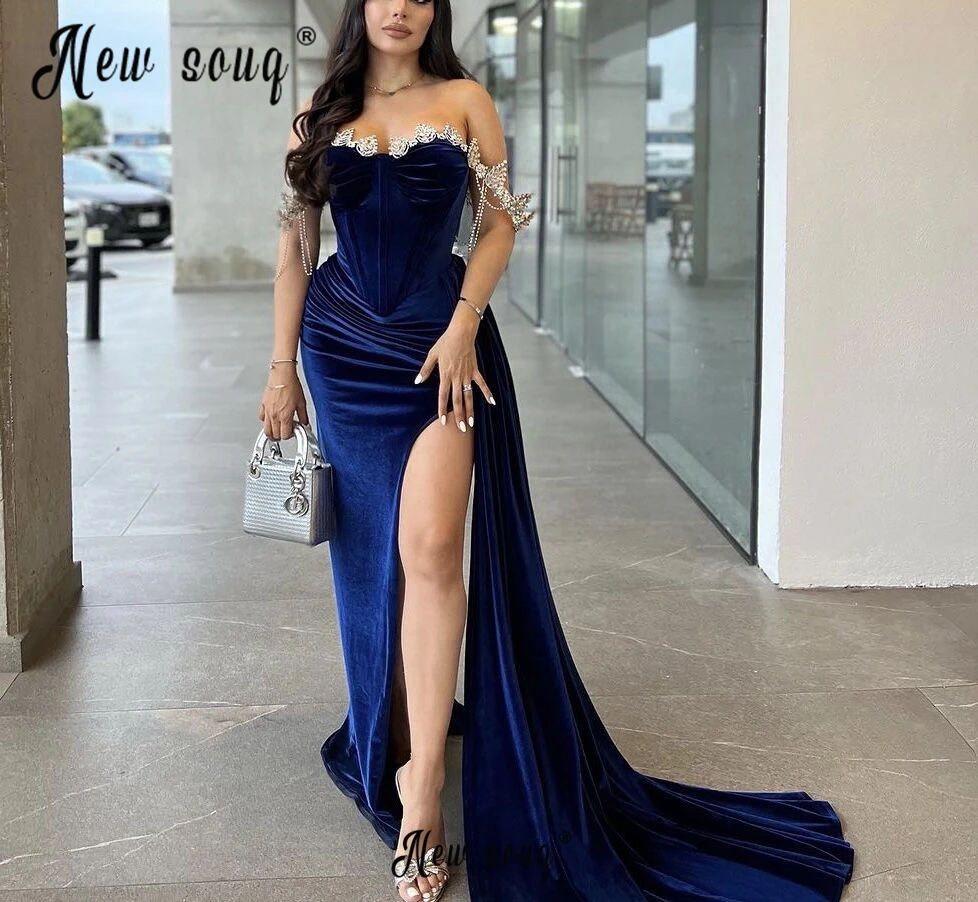 

Blue Velvet Side Split Evening Gown with Overskirt Luxury Dresses for Woman's Wedding Party Crystals Beaded Off Shoulder Custom