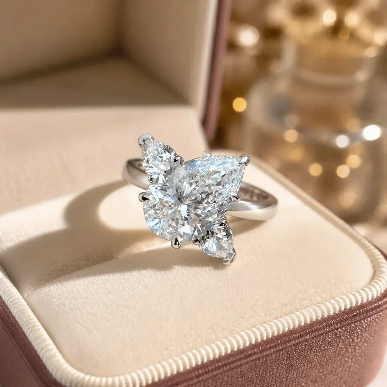 Drop-shaped adjustable ring crafted from copper with white gold plating featuring three simulated moissanite stones set in geome