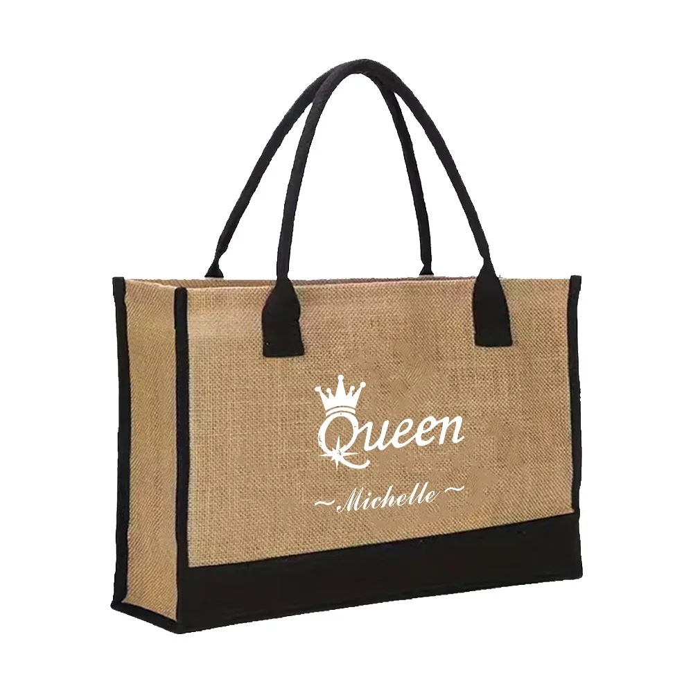 شخصية التخصيص اسم المرأة الجوت حقيبة تسوق الصيف حقيبة شاطئية حقيبة التخزين سعة كبيرة حقيبة يد عادية