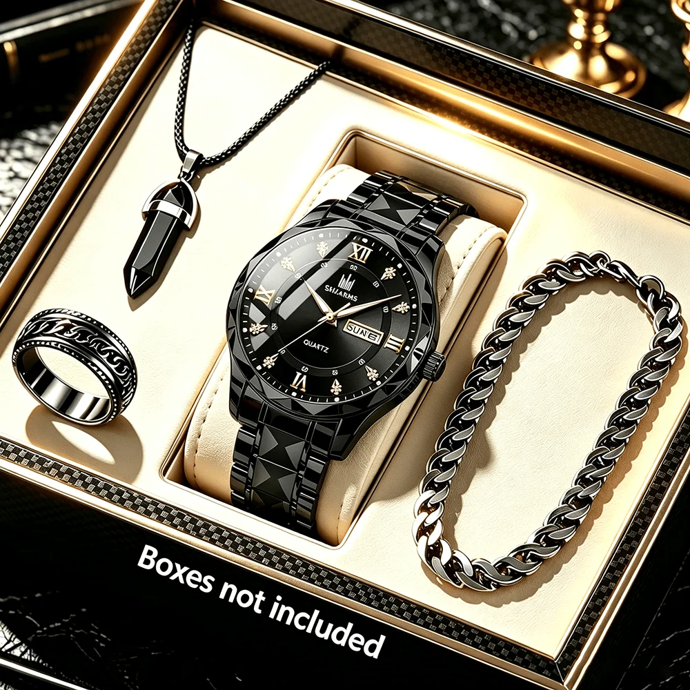 4pcs Men's Quartz Watch with Fashionable Stainless Steel Band Watch + Bracelet + Ring + Necklace Set Calendar Display