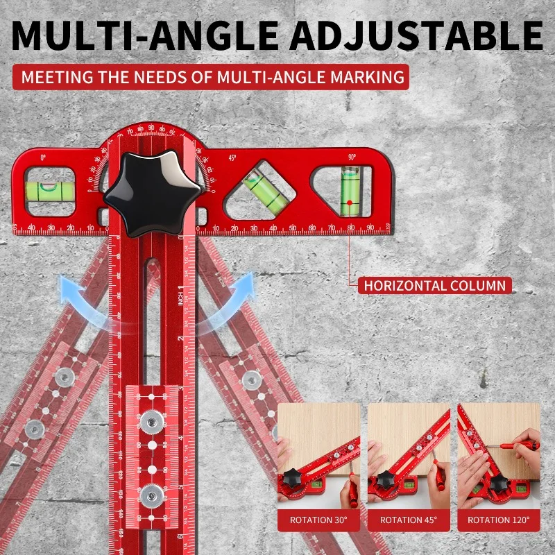 Multi-functional Angle Gauge Multi-angle Marking Adjustable T Square Ruler Portable Level with Bubble Magnet Woodworking Tool