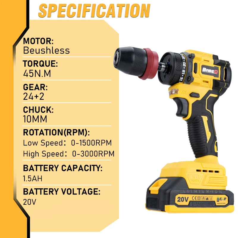 BABEQ 10mm Brushless Electric Drill Screwdriver Rechargeable Multi-function 24+2 Gear Cordless Electric Drill Screw Power Tools