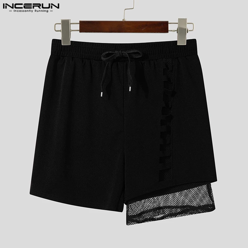 INCERUN Mode Mannen Shorts Mesh Patchwork Trekkoord Joggers Hol Sexy Mannelijke Shorts 2025, See Through Streetwear Mannen Bodems