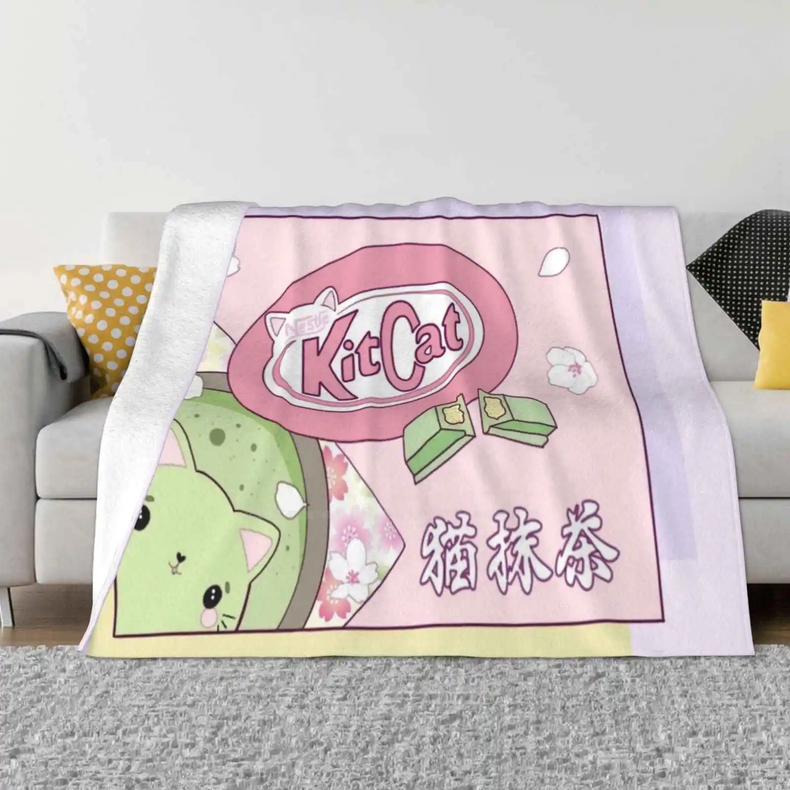 Matcha Kitcat Best Selling Room Household Flannel Blanket Kawaii Pastel Cute Aesthetic Art Japanese Nihon Kitkat Color