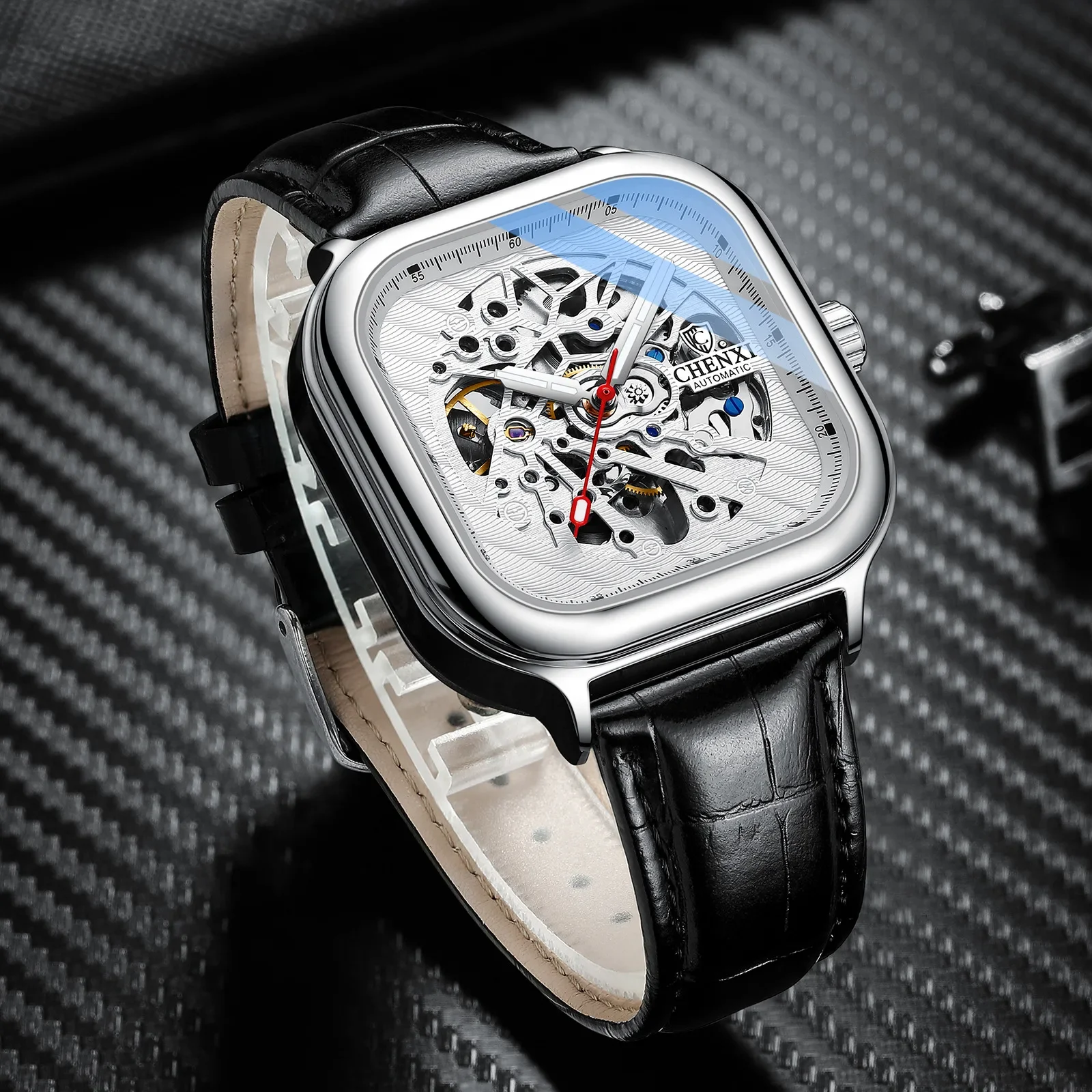 CHENGXI8810 Men's Square Automatic Mechanical Watch with Hollow Out Luminous Waterproof Fashion Leather Fashion Watches for Man