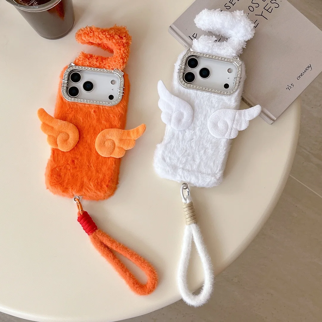 Otoño Invierno cordón cuerda lindo Ángel Halo funda de felpa para iPhone 13 14 15 16 17 Pro Max Plus carcasa a prueba de golpes cubierta de teléfono esponjosa