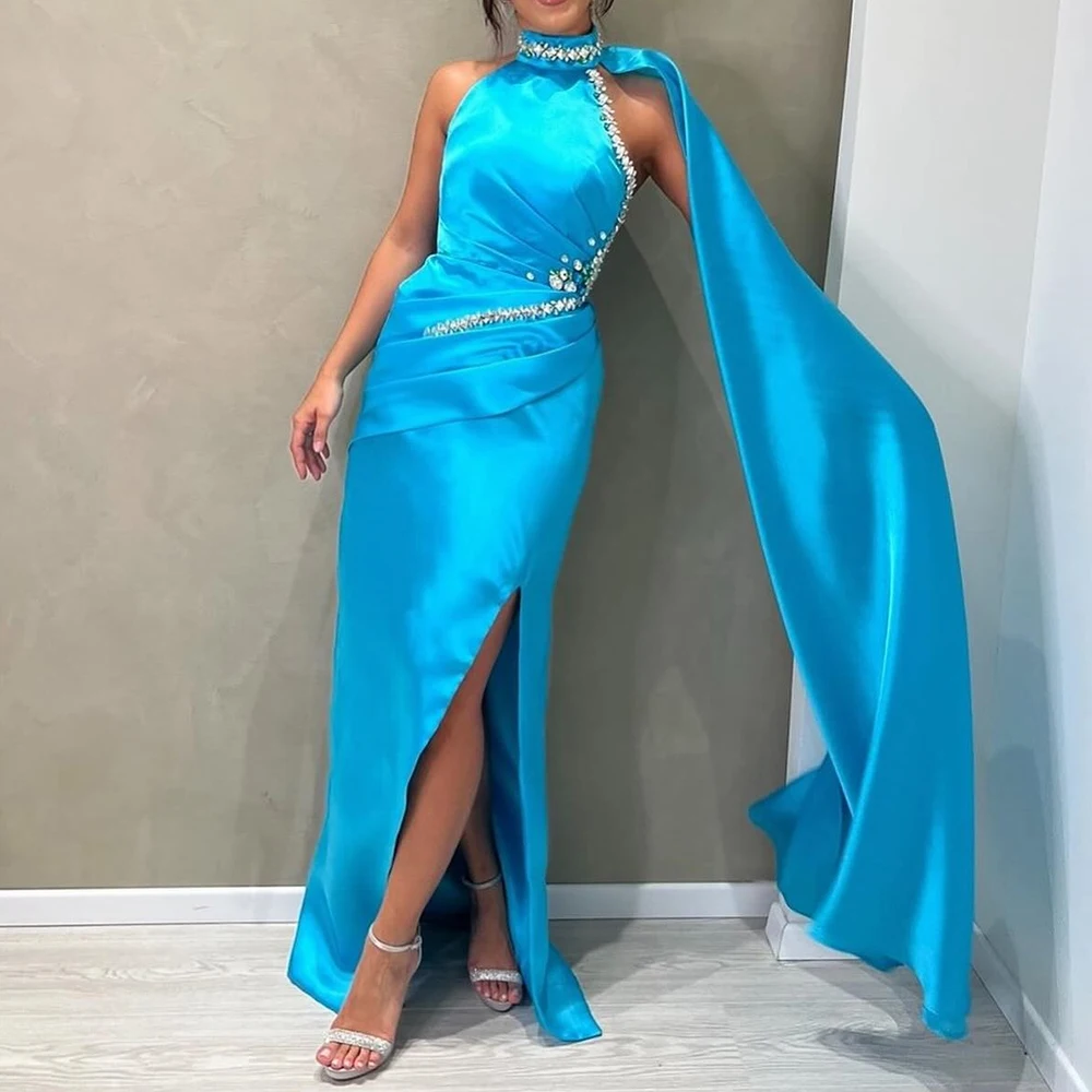 Customized Fashion Straight Floor Length Halter Satin Sleeveless Crystal Evening Dress Elegant Photo Color vestidos para mujer