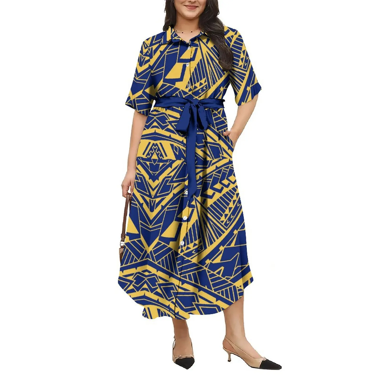 Polynesian Lapel Button-Down Shirt Dress Plumeria Design Custom Long Skirt New Style Fiji Samoa Island Patterned Print