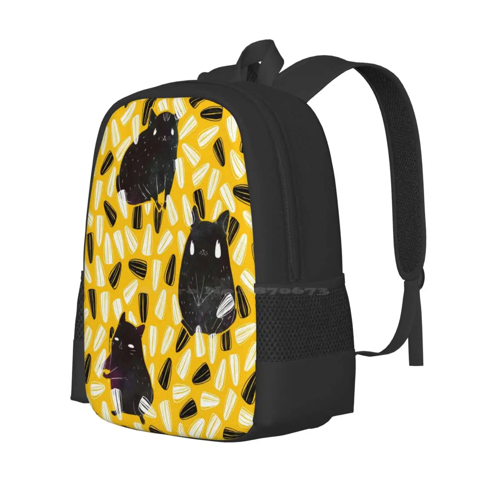 Seedy Hamsters 3D Print Design Backpack Student Bag Hamsters Sunflower Seeds Yellow Black White Watercolor Cute Animals Pets