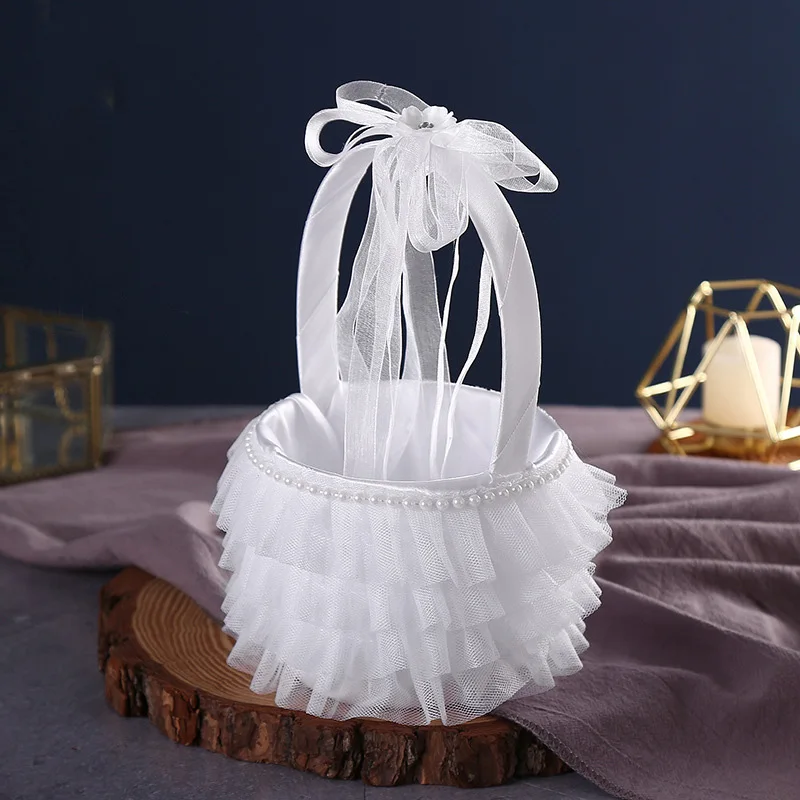 مبعثر فيونكة دانتيل يدوي للأطفال ، سلة زهور رومانسية حلوة ، قوس زفاف غربي ، سلة زهور بسيطة لطيفة