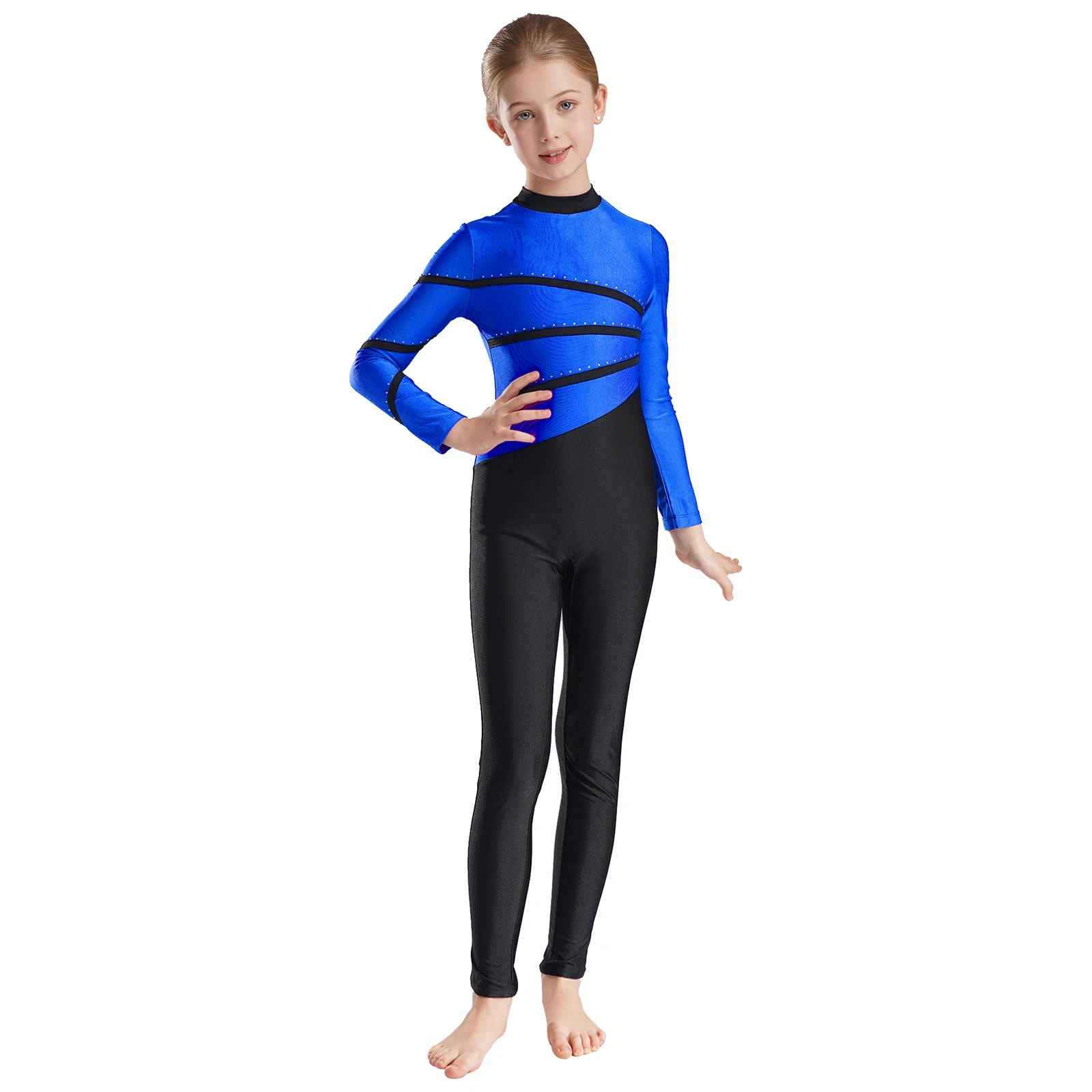 Children\'s Gymnastics Leotard Kids Girls Contrast Color Dance Jumpsuit Long Sleeve Figure Skating Bodysuit for Competition