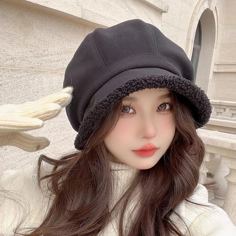 Lambs Wool Fisherman Hat Solid Color Thickened Plush Beret Autumn Winter Outdoor Windproof Warm Panama Cap Fashion Accessories