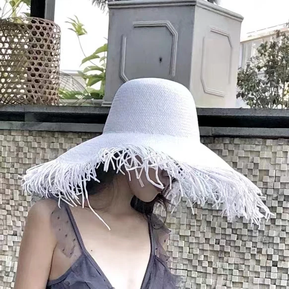 Mode Breite Braut Schwarz Sommer Sonnenhut Damen Strand Reise Strohhut UV Schutz Weiß Urlaub Am Meer Panama BeachWholesale – Detail 3