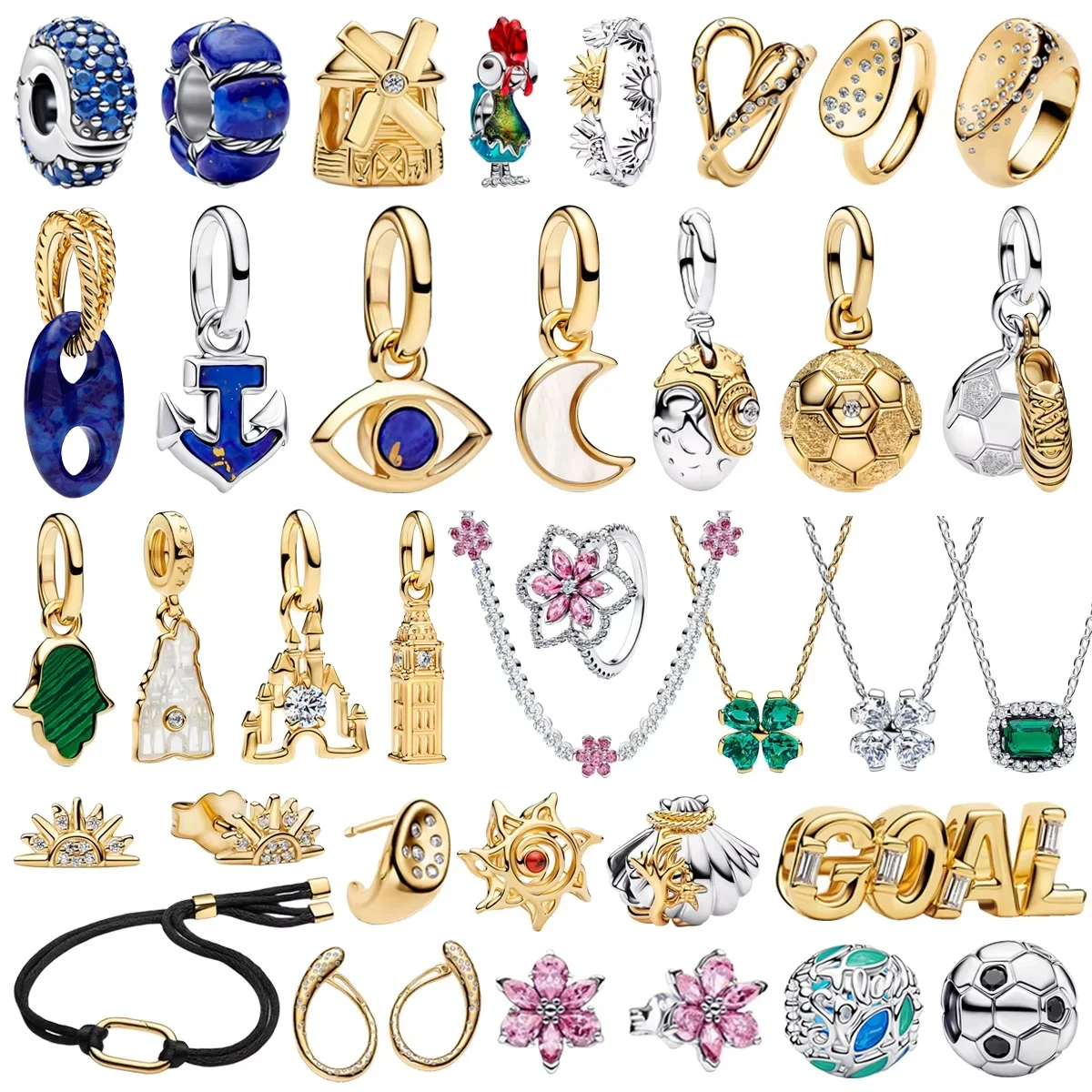 New 925 Sterling Silver Castle Football Four Leaf Clover Flower Bead Pendant Ring Earrings fit Women's Birthday Jewelry Gifts