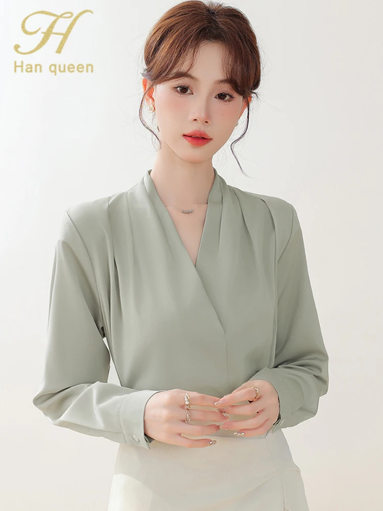 

H Han Queen New Arrival Autumn Long Sleeve Shirt Womens Blouses Vintage Casual Tops Elegant Blouse Loose Korean Popular Clothes