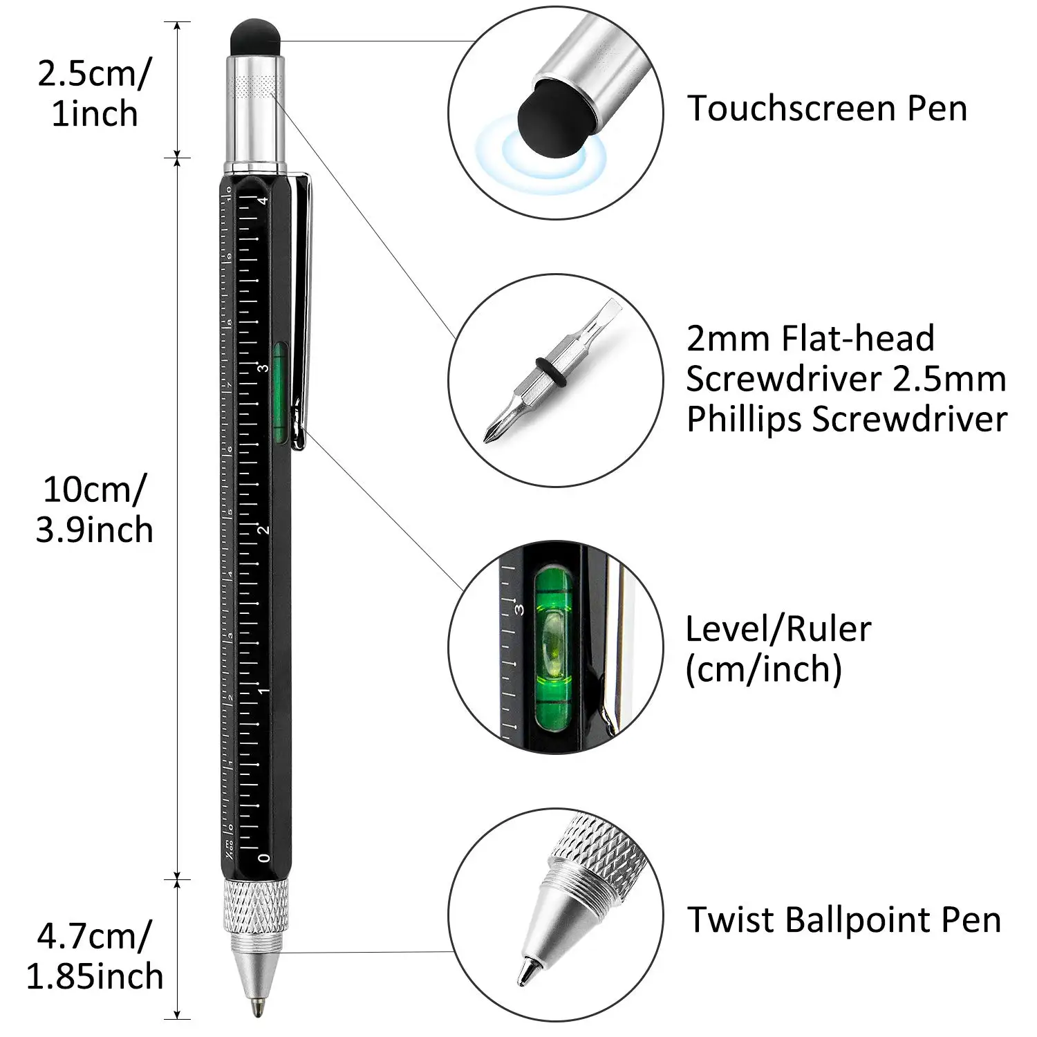 6 in-1 Multitool Tech Tool Screwdriver Pen with Ruler, Levelgauge, Ballpoint Pen, and Pen Refills,Pen Gifts for Men, Cool Gadget