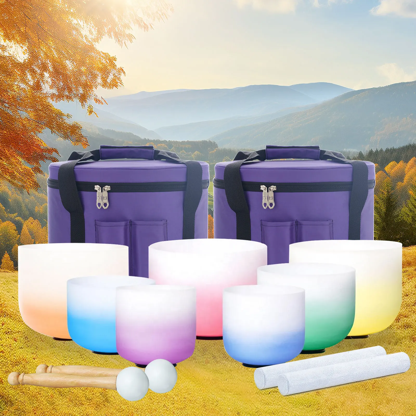 KVKA 7-12 Inch 432hz 440hz Candy Colored Crystal Singing Bowls Chakra Set with Carrying Cases Suede Sticks Rubber Mallets