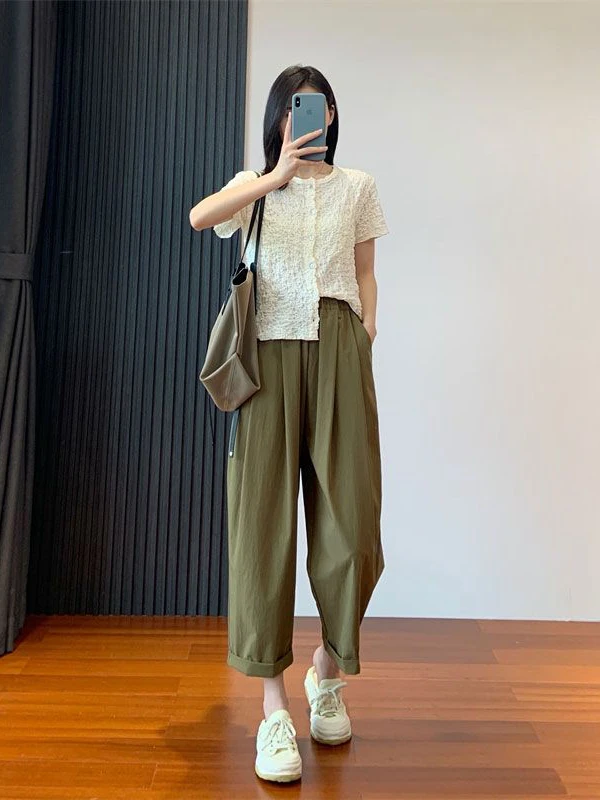 Anti-Wrinkle Slimming Harem Pants Women's Summer Thin Style Cover up Vintage Cuffed Drapey Grandmother Pants Casual Wear