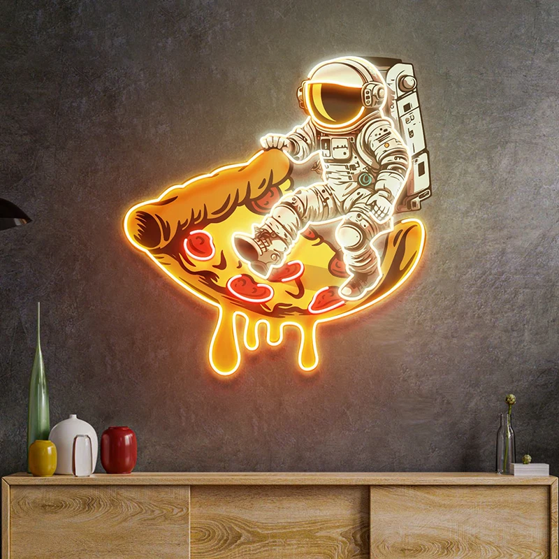 Astronaut Op Pizza Neonbord Op Maat Bedrijfslogo Led Lichtborden Ruimte Neonlicht Pizzeria Restaurant Muurkunst