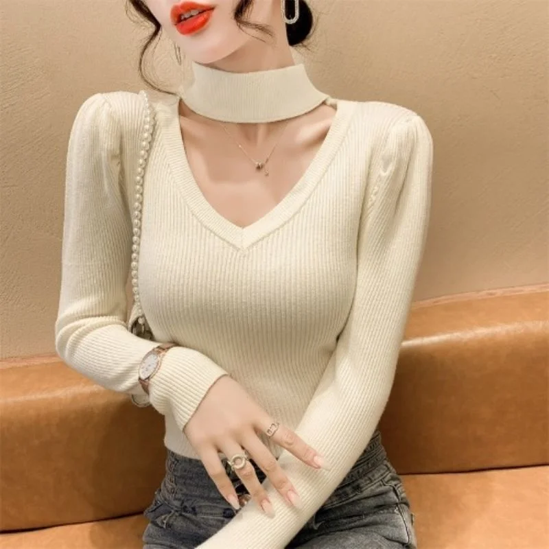 

V-collar Women Autumn Winter Pullover Sweater Basic Casual Slim Stretch Soft Hollow Out Knitted Top Woman Sweaters 2023 T202