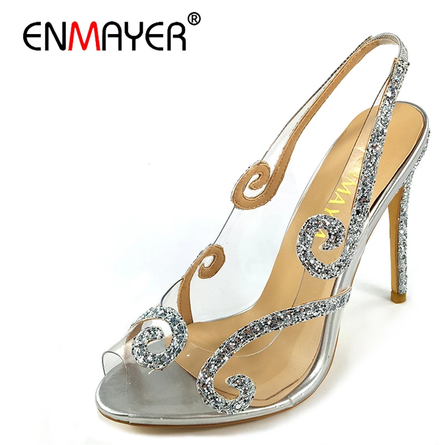 

ENMAYER блестящие туфли на высоком каблуке, прозрачные туфли с открытым носком, черные прозрачные блестящие свадебные туфли-лодочки, золотые босоножки, свадебная обувь