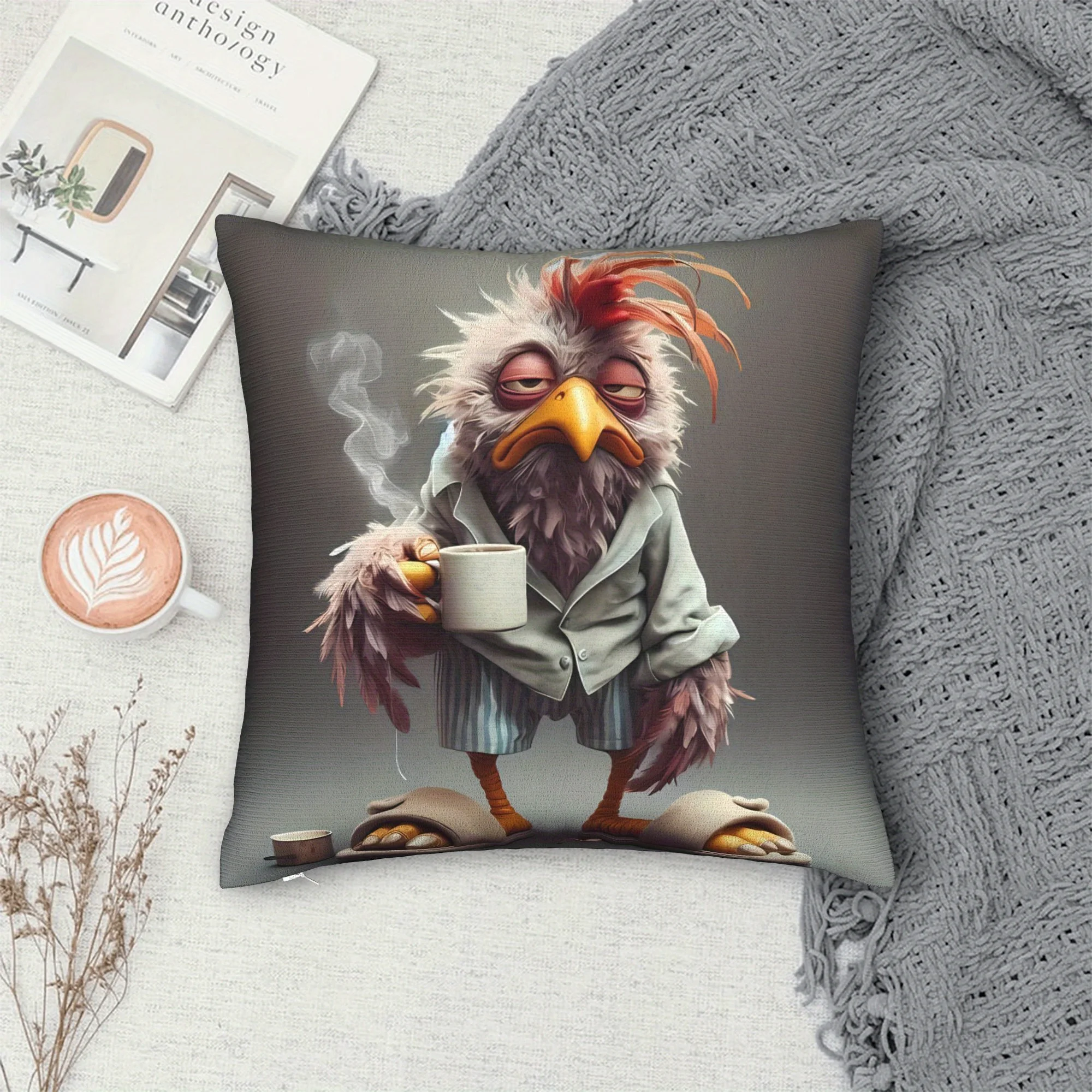1pc Funny Sleepy Chicken Pillow Cover, Polyester 2D Double-Sided Print, Moody Morning Coffee Bird Design, Sarcastic Animal Humor