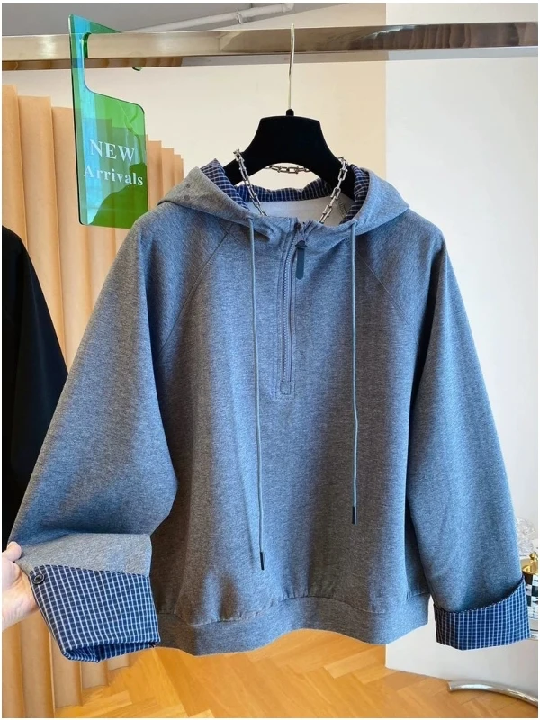 

Толстовка большого размера в корейском стиле с клетчатыми вставками и молнией, унисекс, осенне-зимняя, антимикробная, ветрозащитная