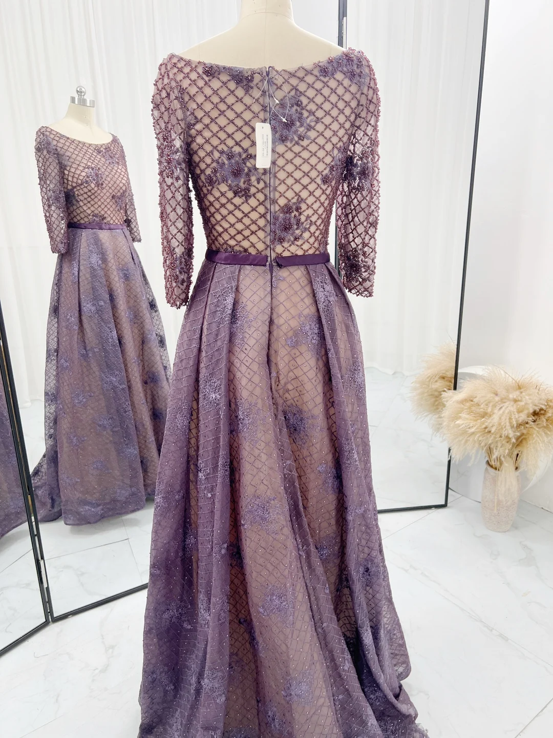 Purple -Red Waist Fashion Elegant Net Yarn Printed Long -Sleeved Evening Dress M1225