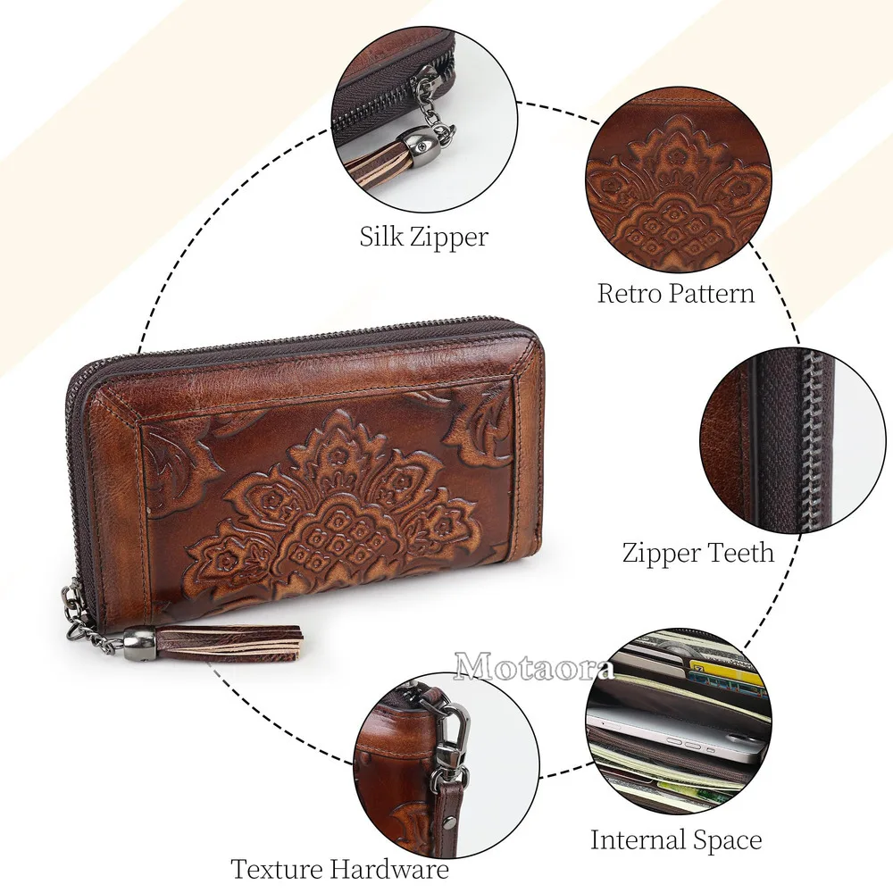 Women's Leather Wallet Large Capacity Genuine Cowhide Card Holder Phone Clutch Purse with Detachable Hand Strap 2025 New Retro