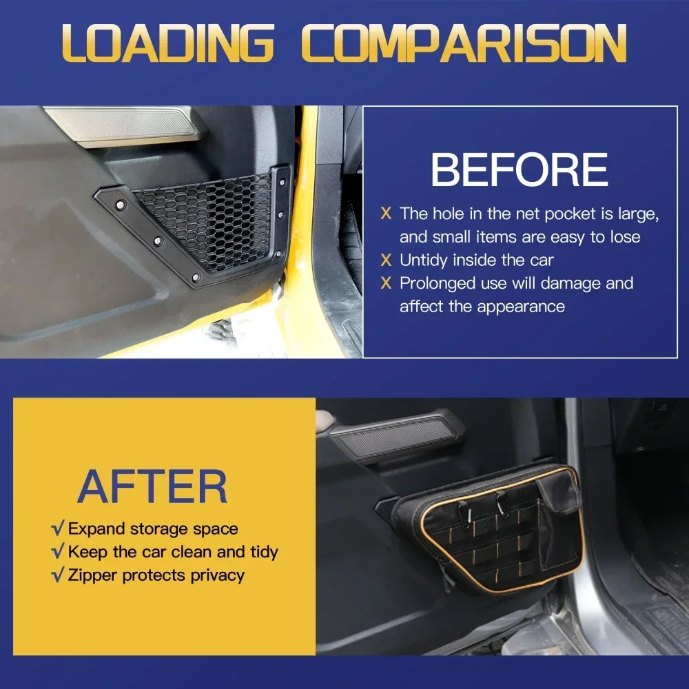 For Ford Bronco 2021-2024 2/4 Door 1 Pair Front Door Storage Pockets Door Interior Side Organizer Bags (Not for Sport)