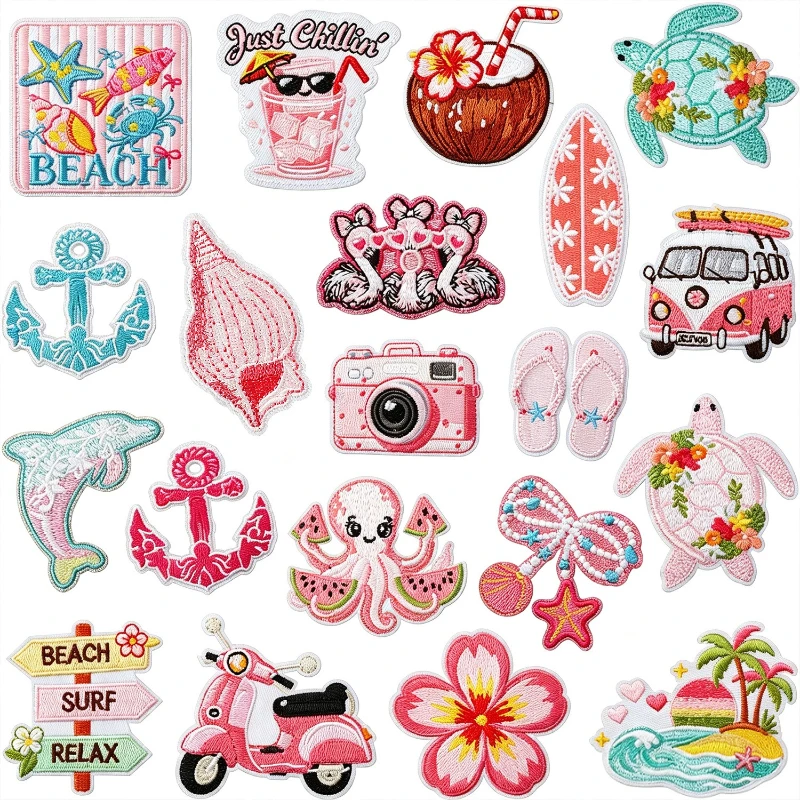 New Creative Beach Vacation Series Sew Iron-on Embroidery Patch Turtle Bus Shell Pattern Patches DIY Clothing Bag Hat for Gift