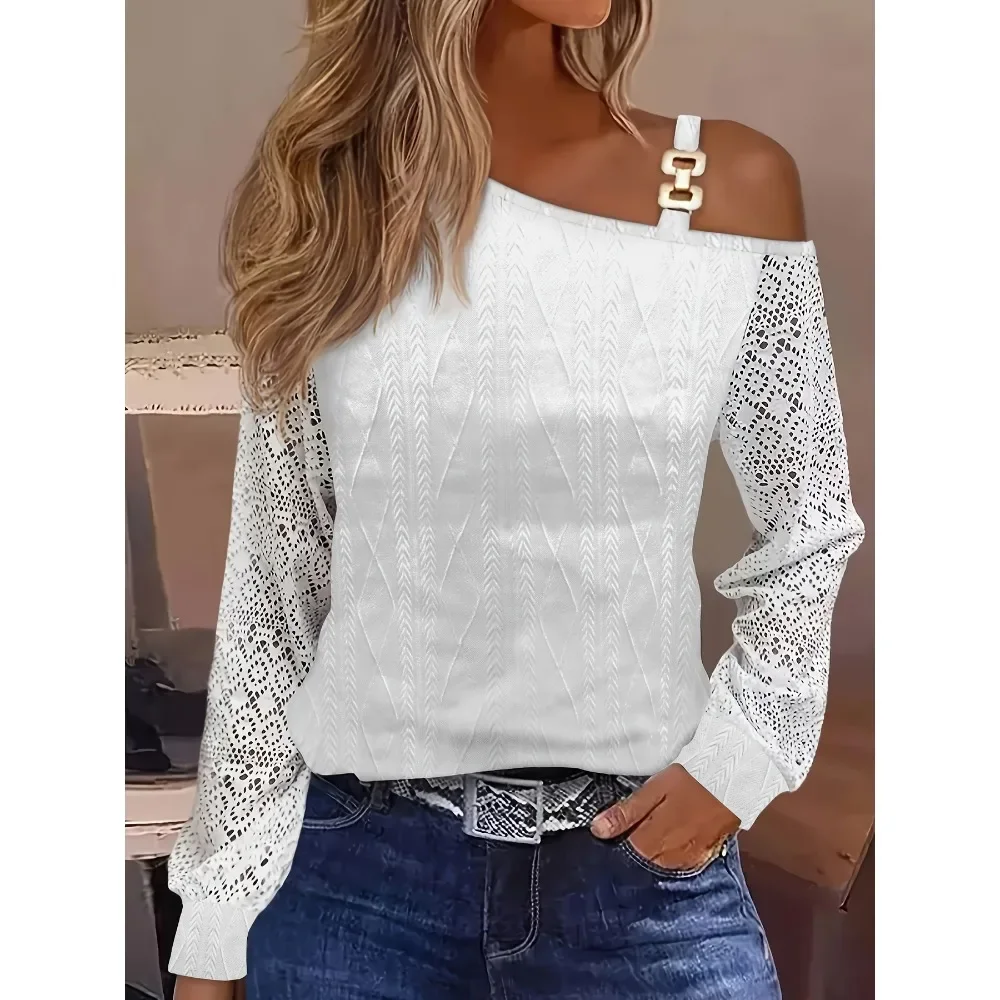 

Plus Size Summer Women's Fashionable Lace Panel Long Sleeve Off Shoulder Top T-shirt Ladies Casual O-neck T-shirt