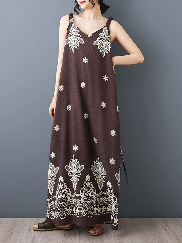 

Summer Elegant Long Print Dress Vacation Style Sleeveless A-Line Gown V-Neck Slimming Casual Women's Fashion Thin Dress
