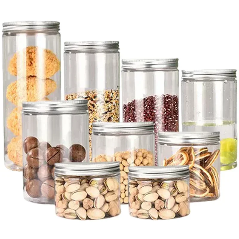 10Pcs Multiple Sizes Transparent Storage Jar Empty Plastic Jar With Aluminum Lids Cosmetic Container Candy Food Packaging Jars