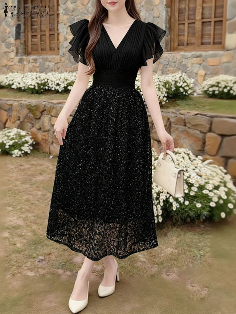 2025 ZANZEA Women Elegant Party Dress Stylish Lace Patchwork Sundress V Neck Waisted A Line Dresses Ruffled Sleeve Midi Robe