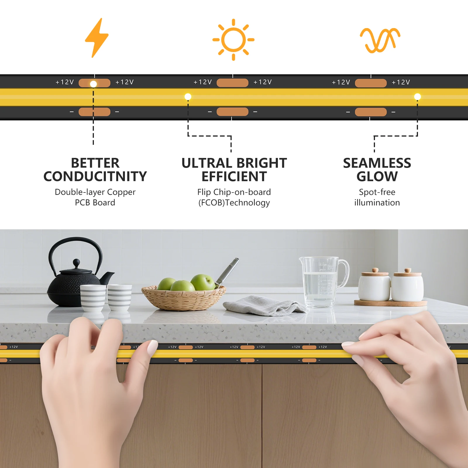 Striscia LED COB 12V 24V RA90 Ad alta densità 320LED/m Nastro flessibile 8mm PCB nero Barra luminosa morbida Bianco naturale caldo per la decorazione domestica