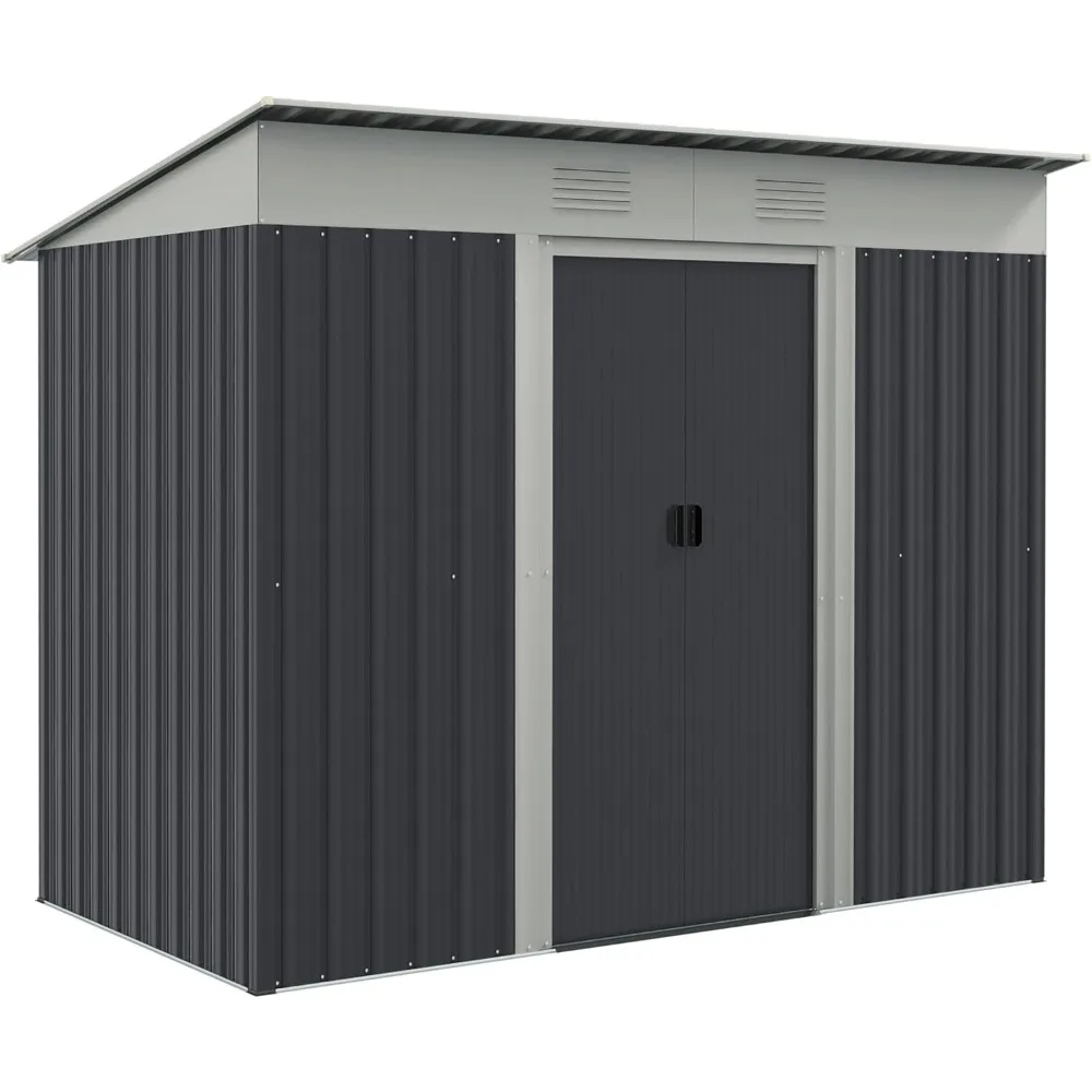 7' x 4' Metal Lean to Garden Shed, Outdoor Storage Shed, Garden Tool House with Double Sliding Doors, 2Air Vents for  Patio Gray