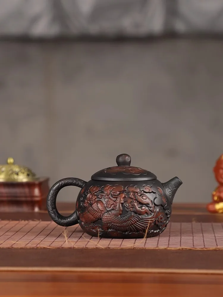 Handmade Relief Dragon and Phoenix Xishi Teapot Yunnan Jianshui Purple Pottery Teapot High-end Household Tea Set