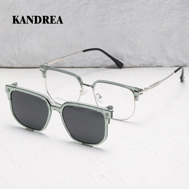 

KANDREA Business Glasses Frame Vintage Square 2 IN 1 Clip On Magnetic Eyewear Optical Polarized Half Frame Sunglasses 8329