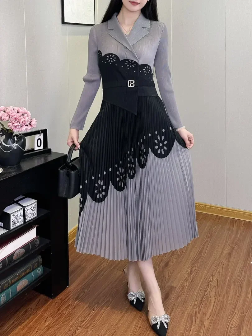 Miyake Pleated New Contrasting Dress with Waist-hugging Temperament Suit Collar Fashionable Long Sleeve Versatile Midi Skirt