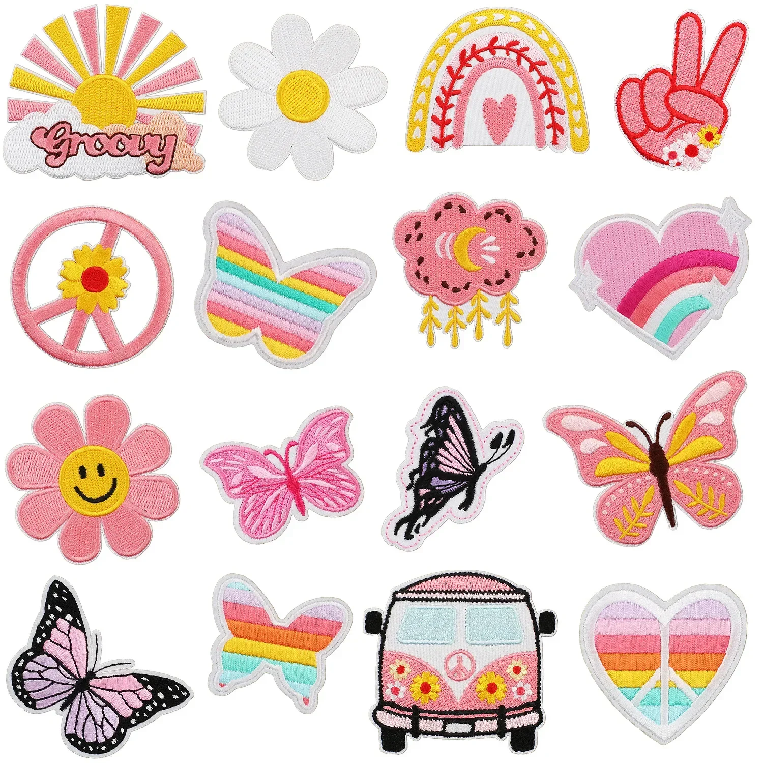 Pink Butterfly Embroidery Iron on Patch Rainbow Heart Lovely Clothing Appliques Peace Bus Girly Badge Floral Sun Thermo Stickers