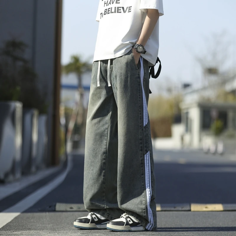 

Thin New Loose Straight Elastic Casual Deni Straight Leg Pants Denim Jeans Men American High Street Summer Striped Denim