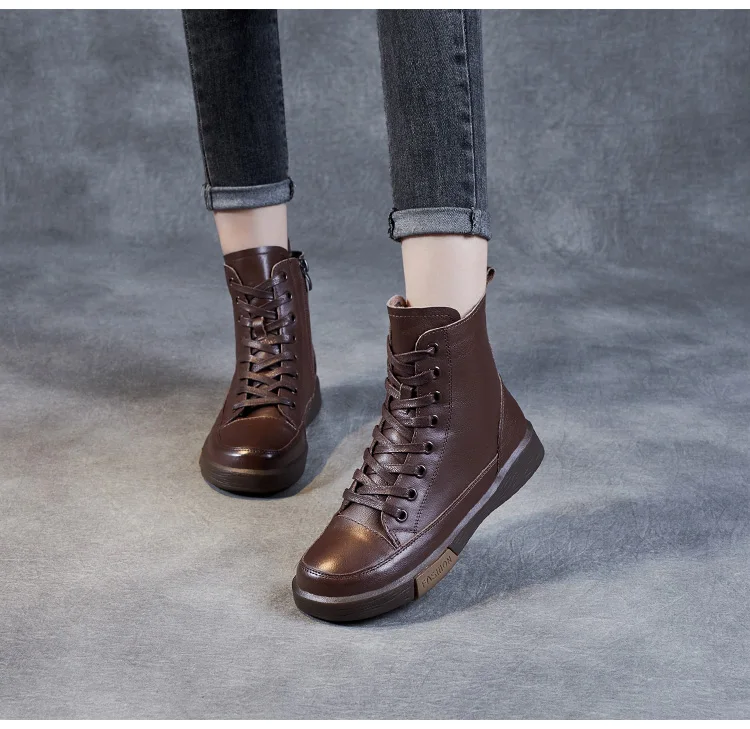 DRKANOL Frauen Echtes Leder Kurze Stiefel Runde Kappe Aus Echtem Leder Handgemachte Retro Street Style Winter Warme Wohnungen Stiefeletten – Detail 9