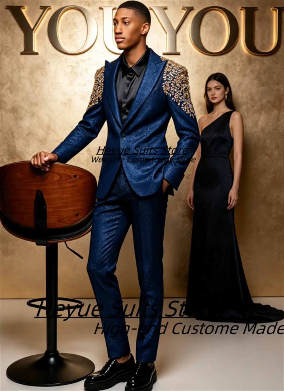 Customized Blue Men Suit Luxurious Gold Crystal Shoulder Decor Groom Wedding Tuxedos 2 Pcs Sets Male Party Blazers Ropa Hombre