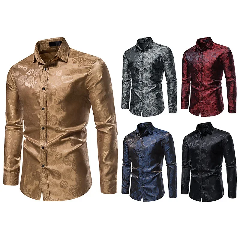 New European and American Men's Ball Shirt Trendy Daily Outing Patterns Wedding Party Sleeves Collar Clothing Button Shirt