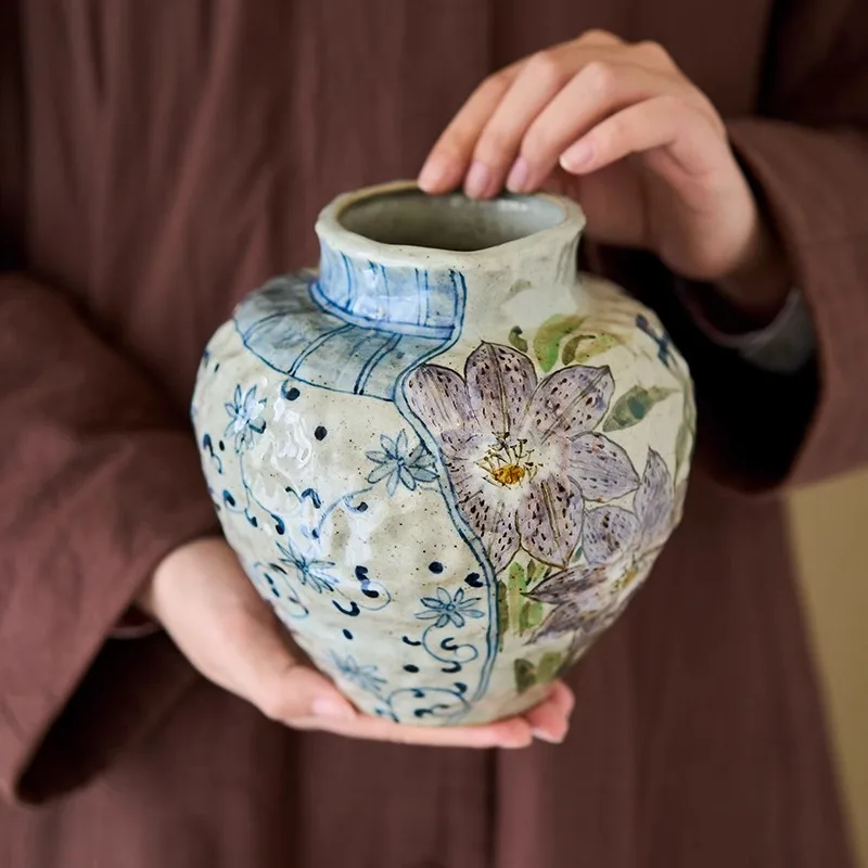 Vintage Hand Painted Floral Ceramic Vase Textured Pottery Flower Jar Chinese Characters Desktop Dried Flower Home Decor Ornament
