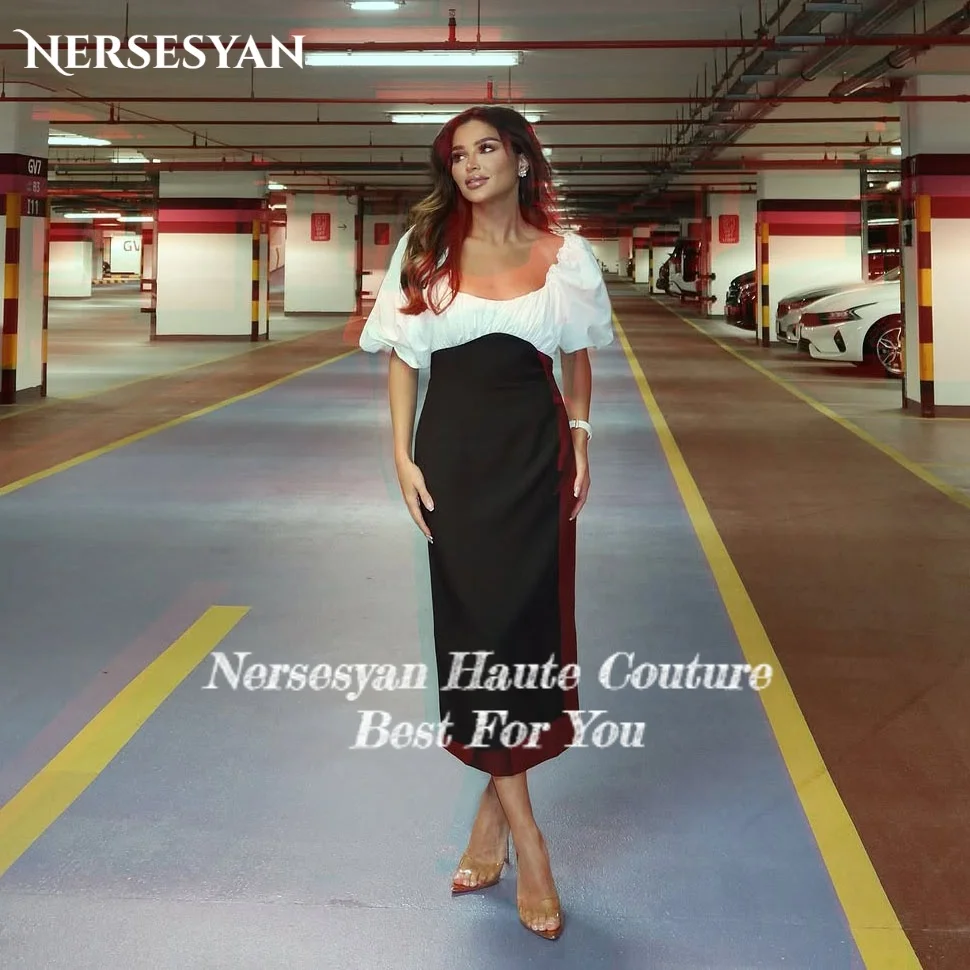 Nersesyan élégant sirène robes de soirée Scoop Satin manches bouffantes robe formelle longueur de thé Maxi arabie robes de soirée personnalisé